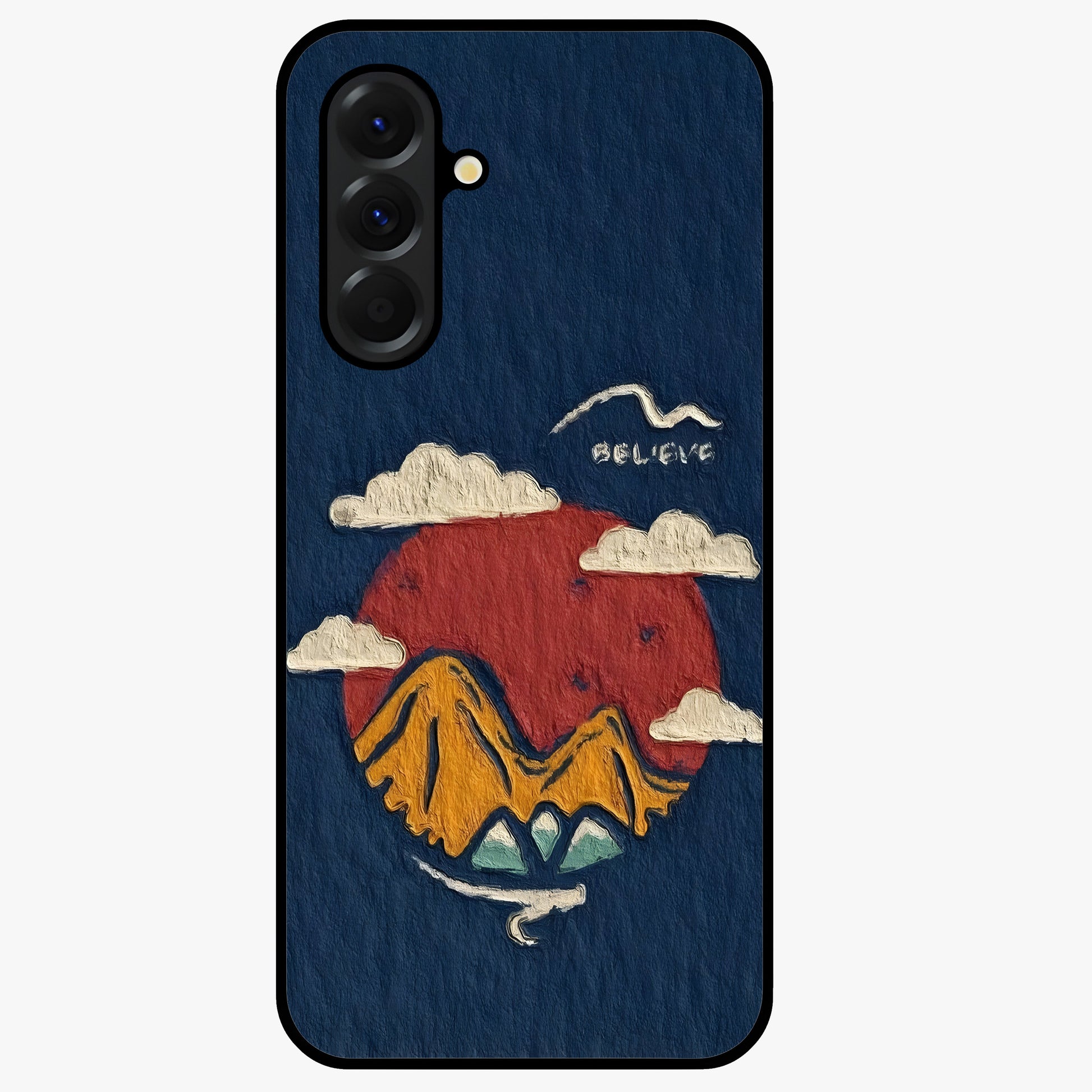 Dream Beyond Mountains Glass Case showing flat back view with scenic mountain landscape artwork and glossy glass finish.