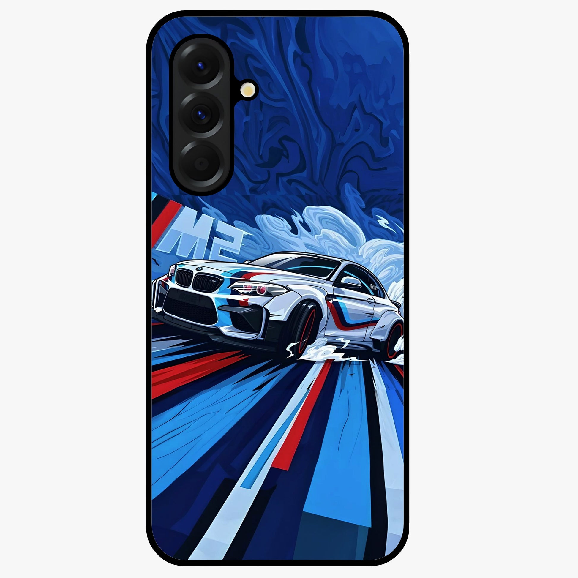 Drift Power Rush Glass Case showing flat back view with dynamic racing inspired artwork and glossy glass finish.