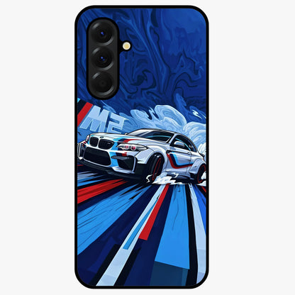 Drift Power Rush Glass Case showing flat back view with dynamic racing inspired artwork and glossy glass finish.