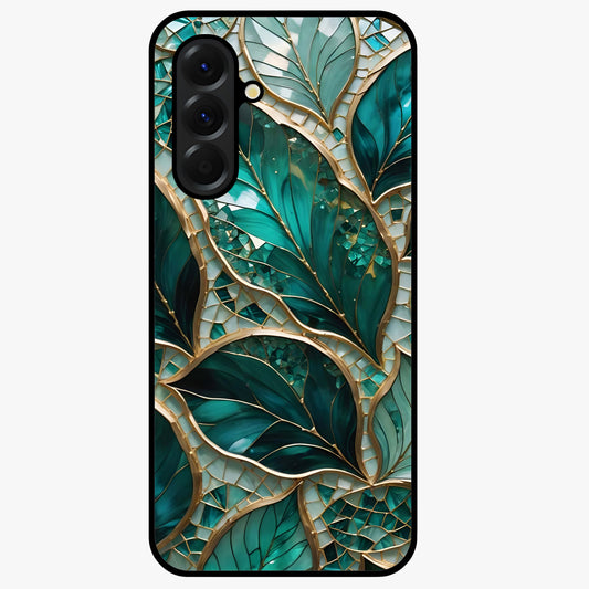 Emerald Leaf Glass Glass Case showing flat back view with emerald green leaf artwork and glossy glass finish.