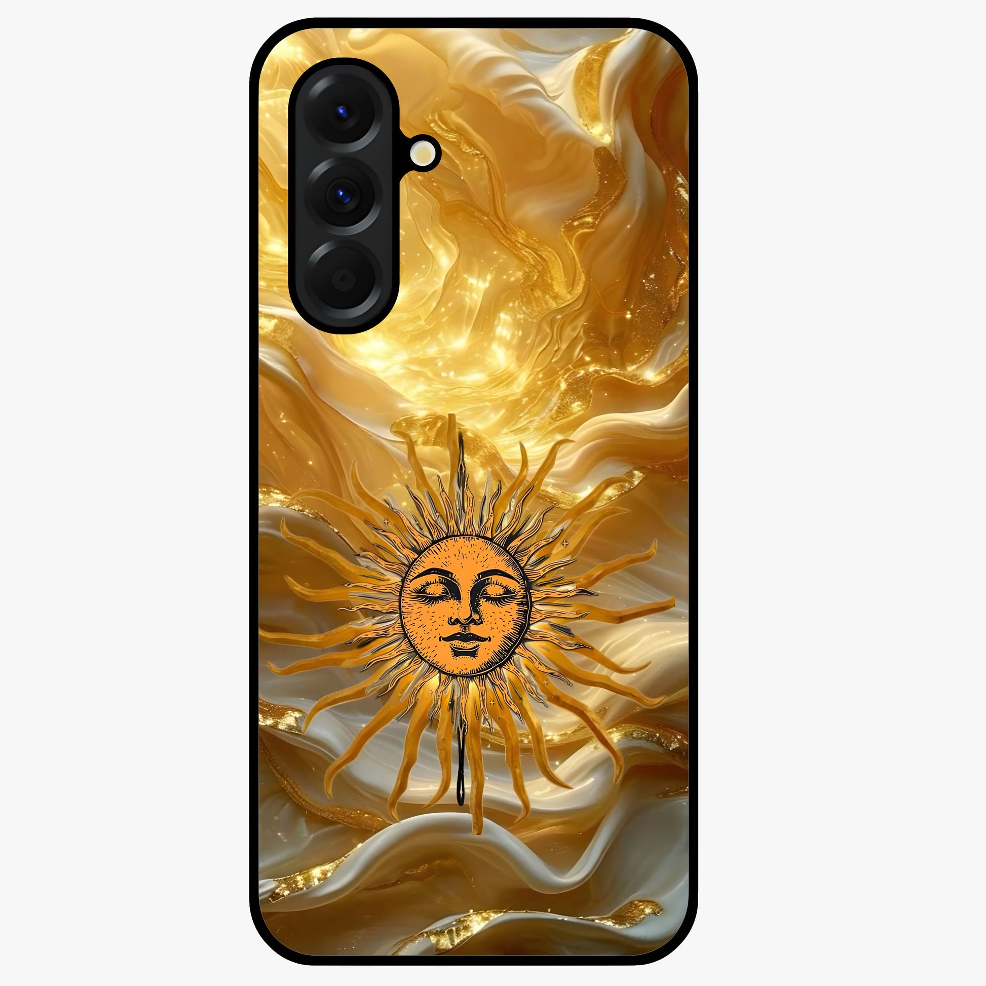 Eternal Golden Glow Glass Case showing flat back view with radiant golden themed artwork and glossy glass finish.