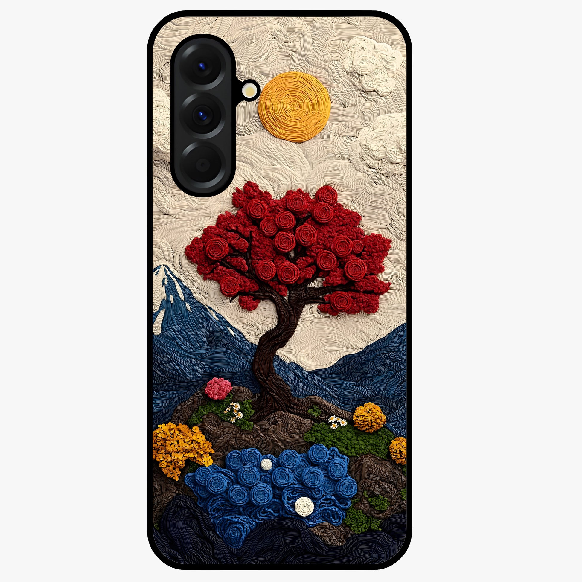 Eternal Nature Tapestry Glass Case showing flat back view with intricate nature tapestry artwork and glossy glass finish.