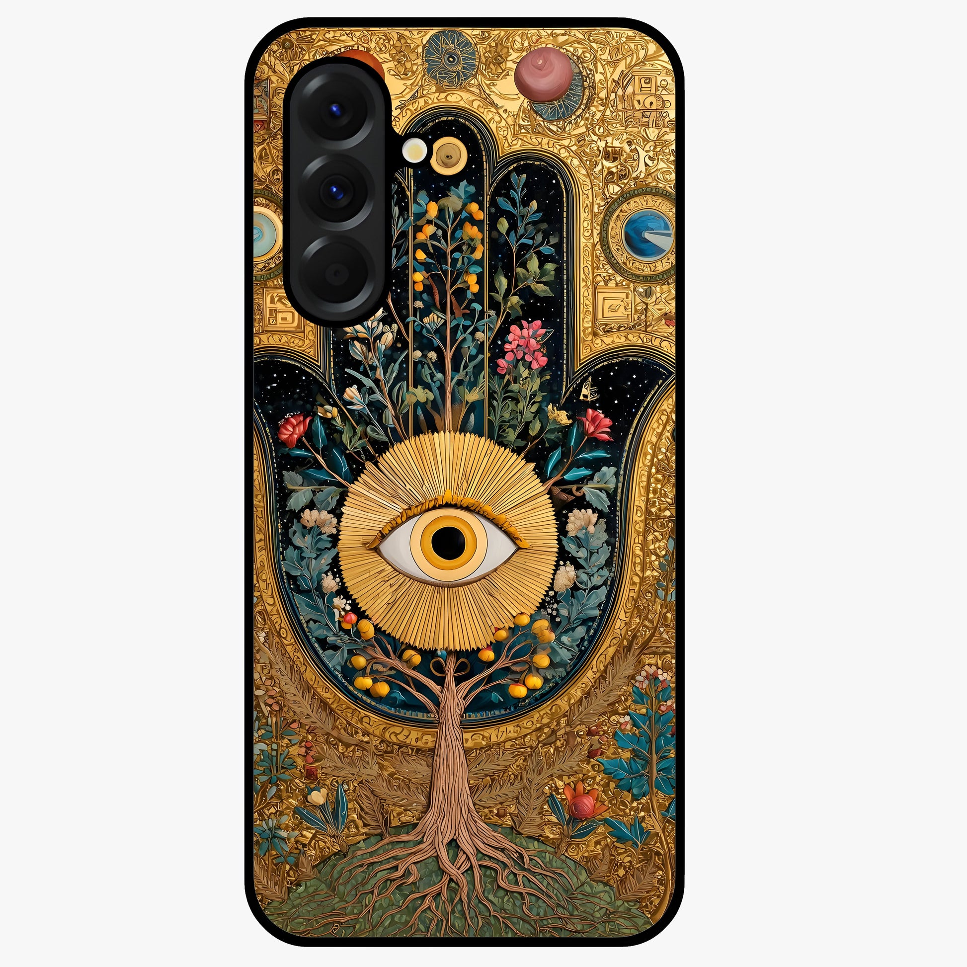 Ethereal Evil Eye Glass Case showing flat back view with mystical evil eye artwork and glossy glass finish.
