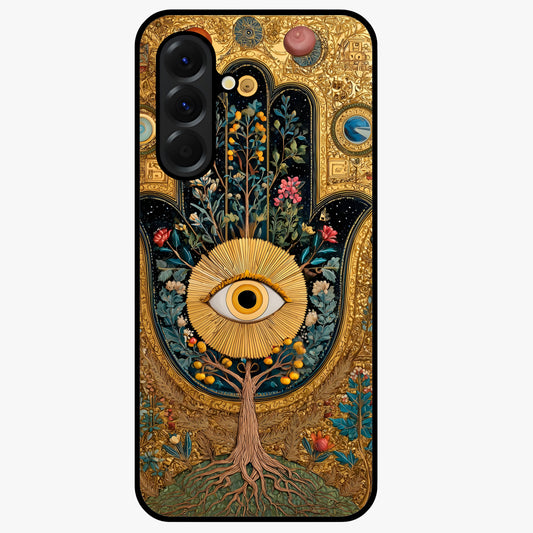 Ethereal Evil Eye Glass Case showing flat back view with mystical evil eye artwork and glossy glass finish.