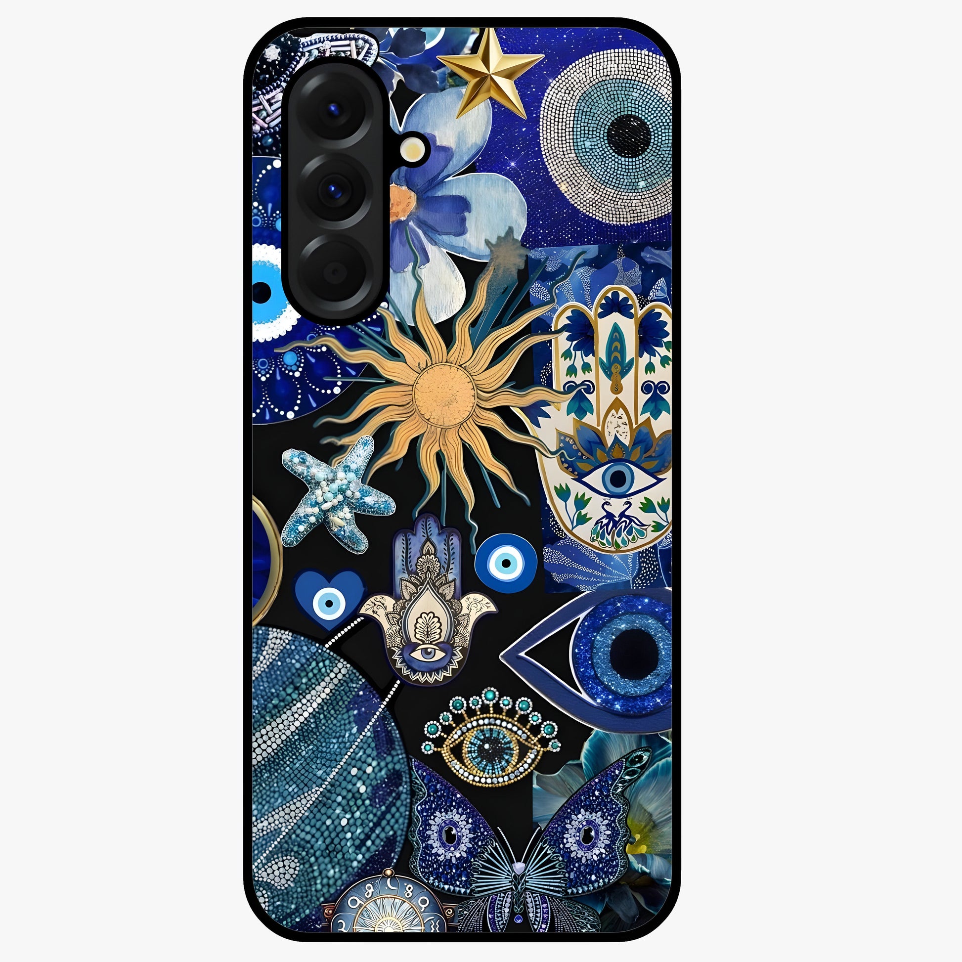 Evil Eye Charm Mix Glass Case showing flat back view with multiple evil eye charms artwork and glossy glass finish.