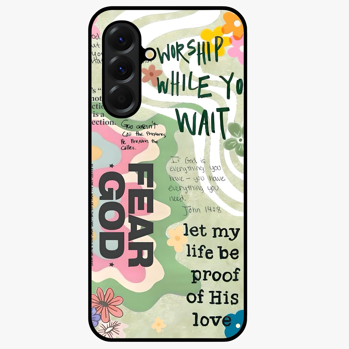 Faith Over Fear Glass Case showing flat back view with motivational typography artwork and glossy glass finish.