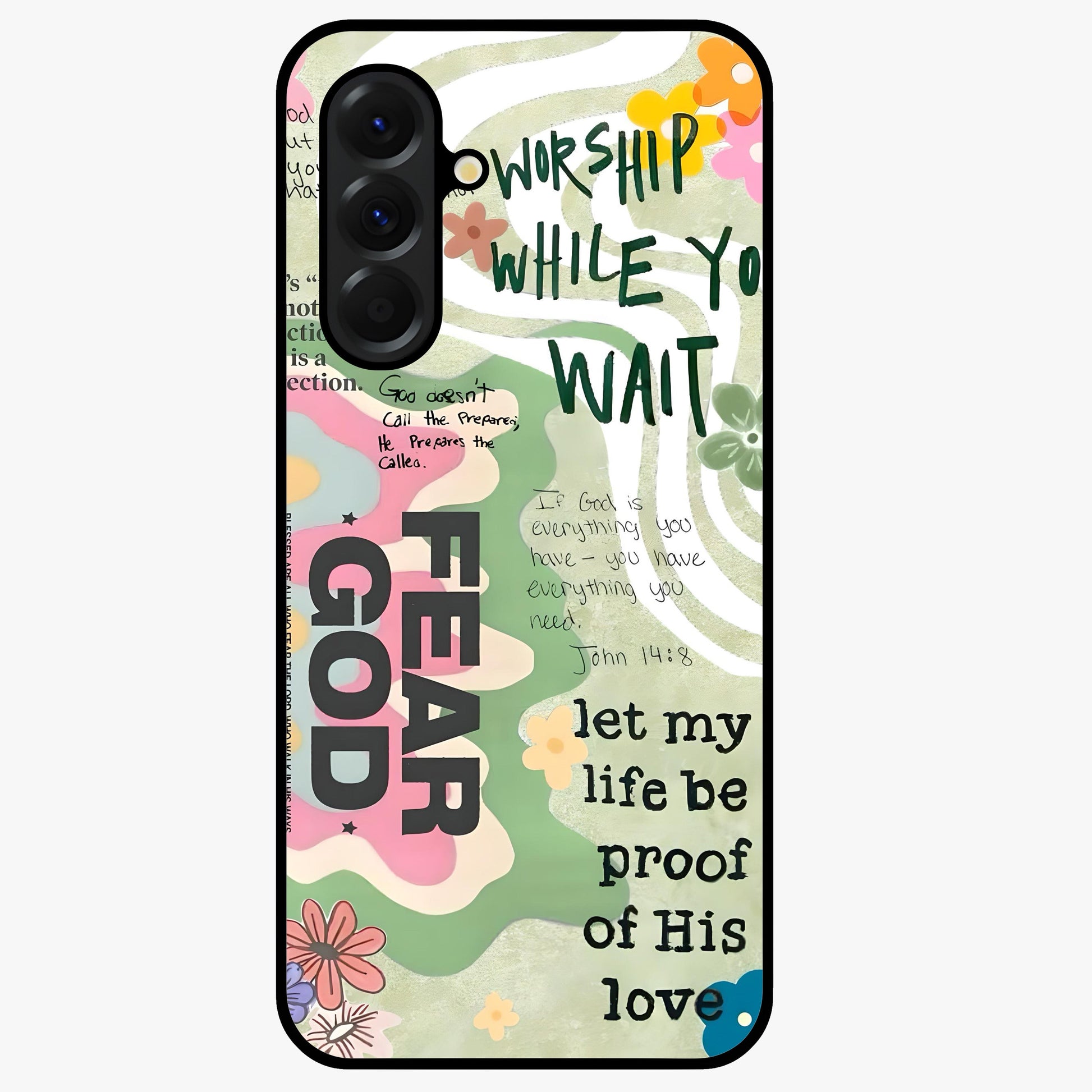 Faith Over Fear Glass Case showing flat back view with motivational typography artwork and glossy glass finish.