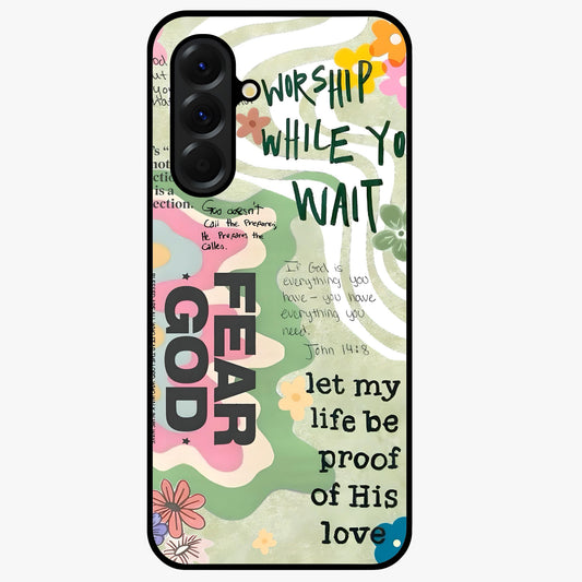 Faith Over Fear Glass Case showing flat back view with motivational typography artwork and glossy glass finish.