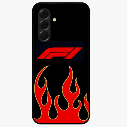 Fire F11 Glass Case showing flat back view with fiery themed artwork and glossy glass finish.