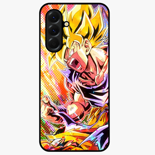 Firing Goku Glass Case showing flat back view with powerful anime inspired artwork and glossy glass finish.