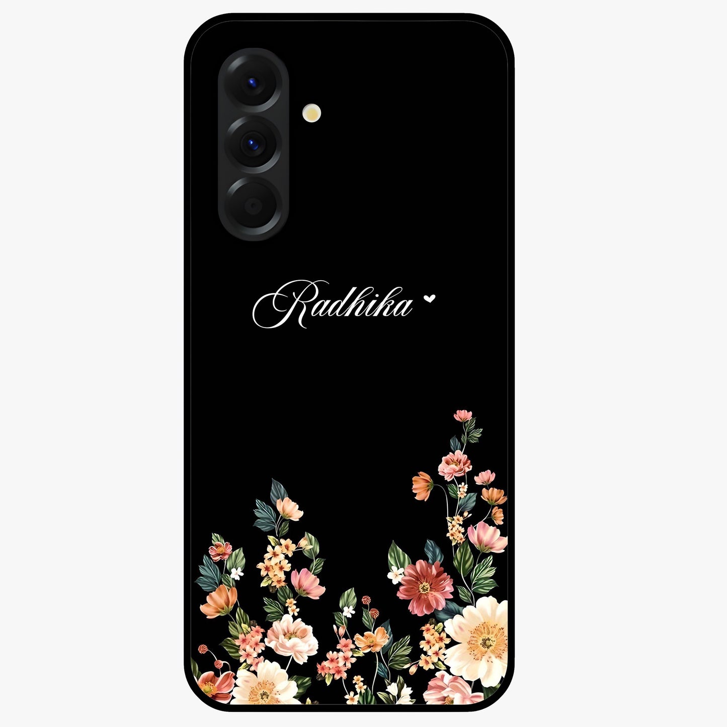 Floral Design With a Custom Personalized Name Glass Case showing flat back view with floral artwork and personalized name design.