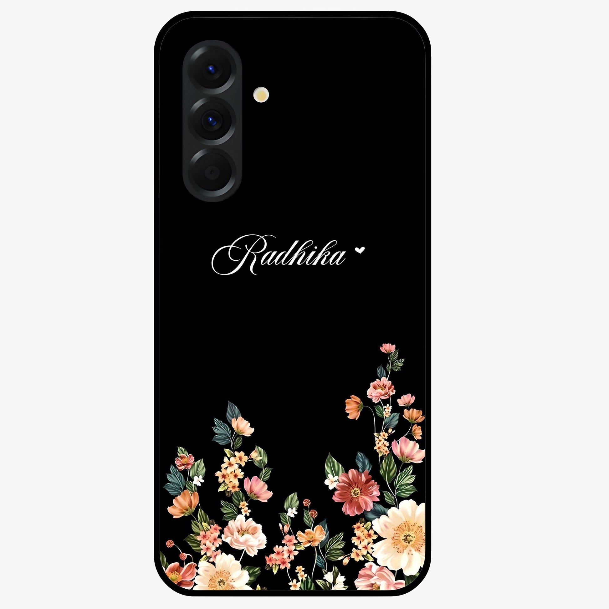Floral Design With a Custom Personalized Name Glass Case showing flat back view with floral artwork and personalized name design.