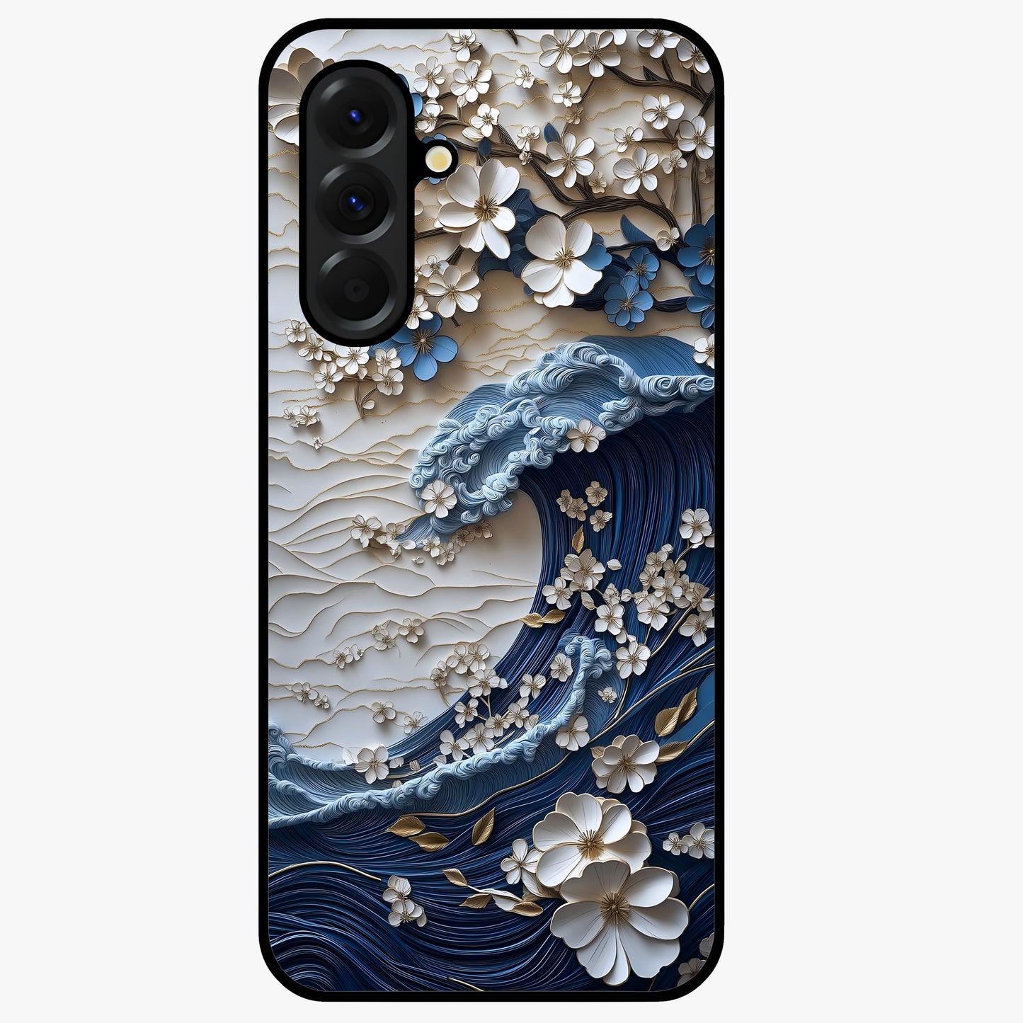 Floral Wave Origami Glass Case showing flat back view with origami inspired floral wave artwork and glossy glass finish.