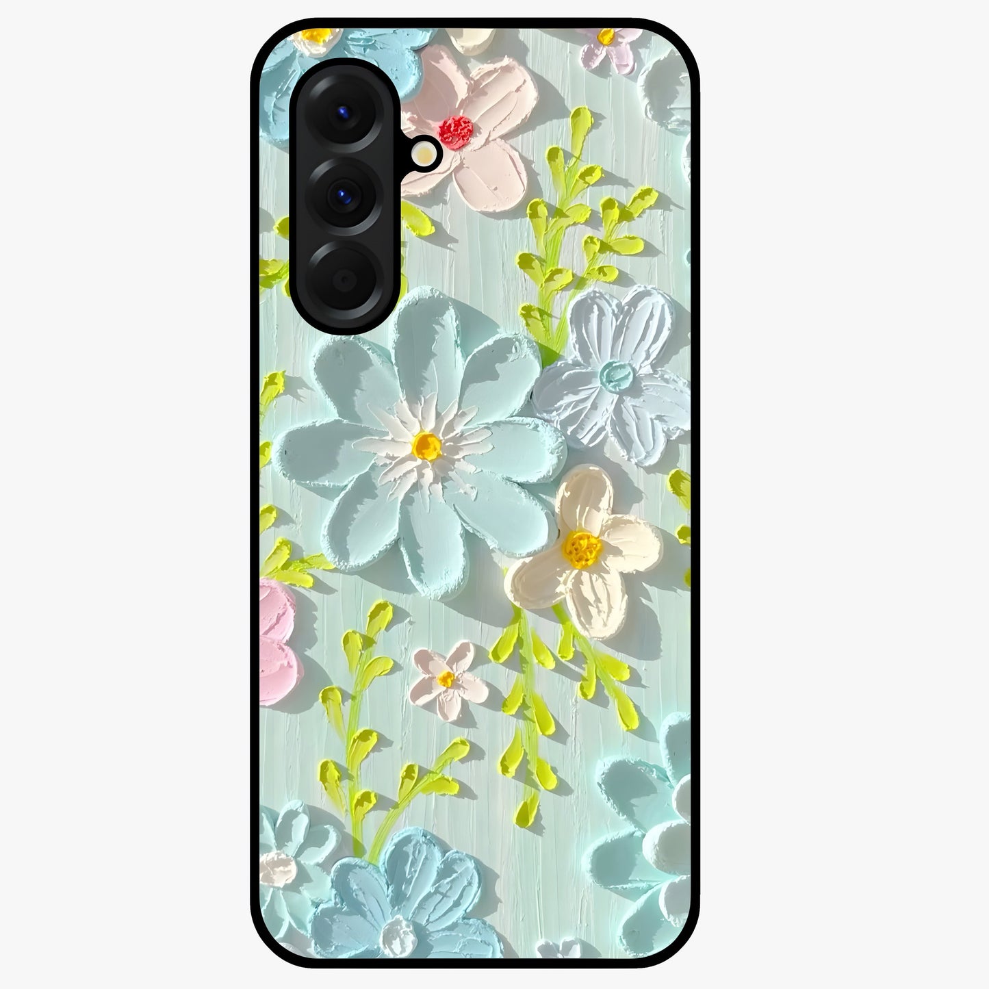 Frosted Petal Garden Glass Case showing flat back view with soft frosted floral artwork and glossy glass finish.