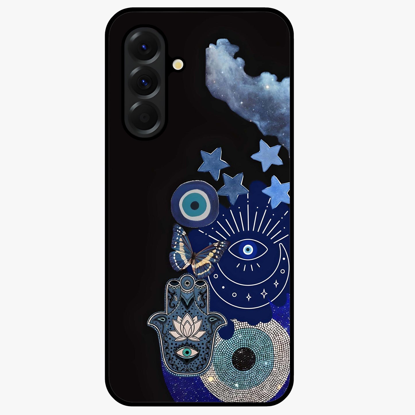 Galactic Charm Cluster Glass Case showing flat back view with glowing celestial charm artwork and glossy glass finish.