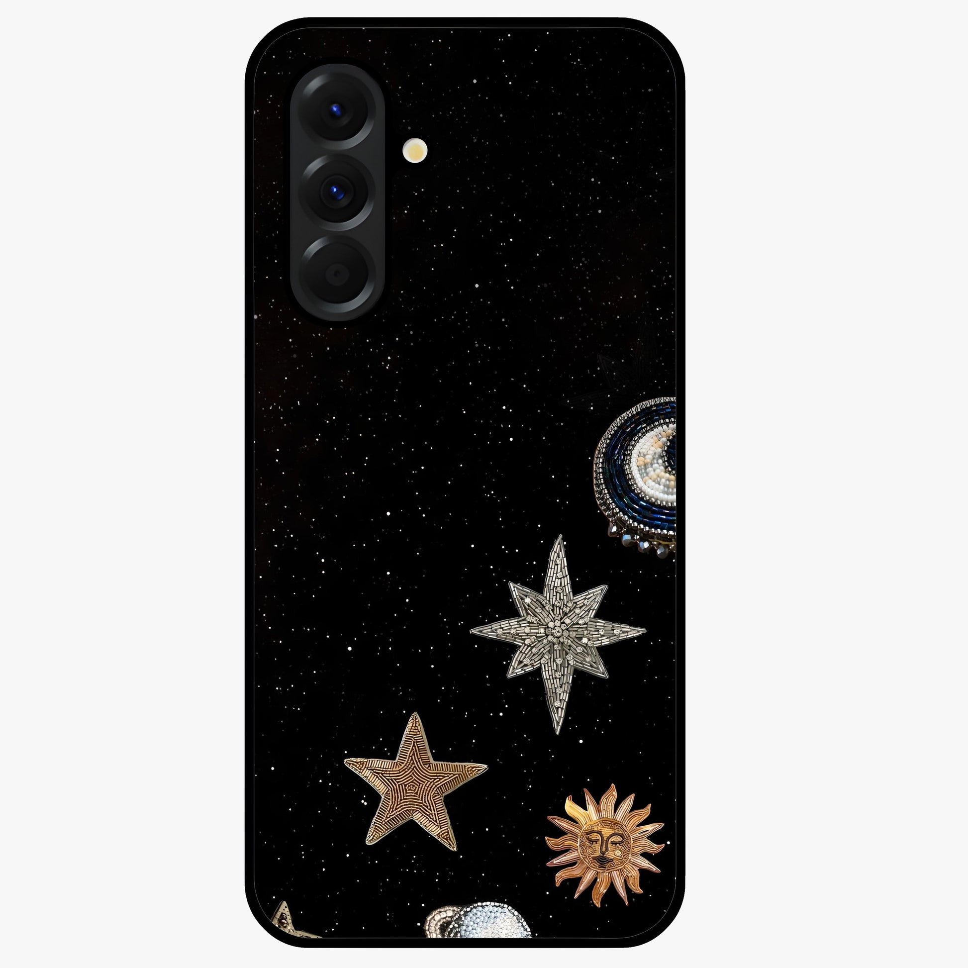 Galactic Charm Glow Glass Case showing flat back view with glowing celestial charm artwork and glossy glass finish.