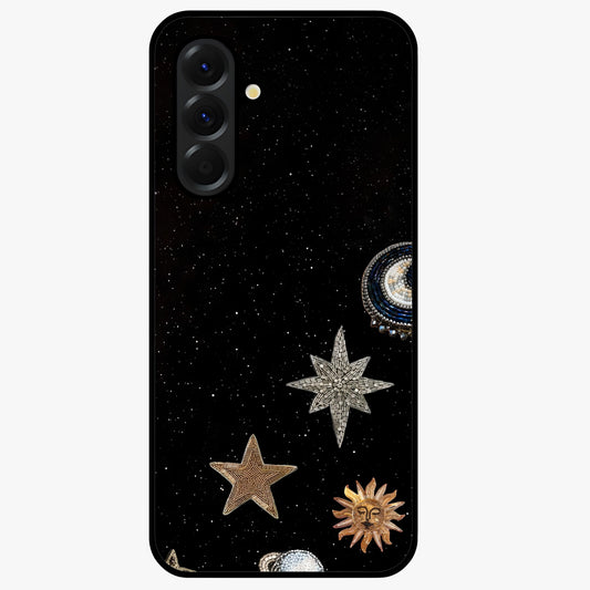 Galactic Charm Glow Glass Case showing flat back view with glowing celestial charm artwork and glossy glass finish.