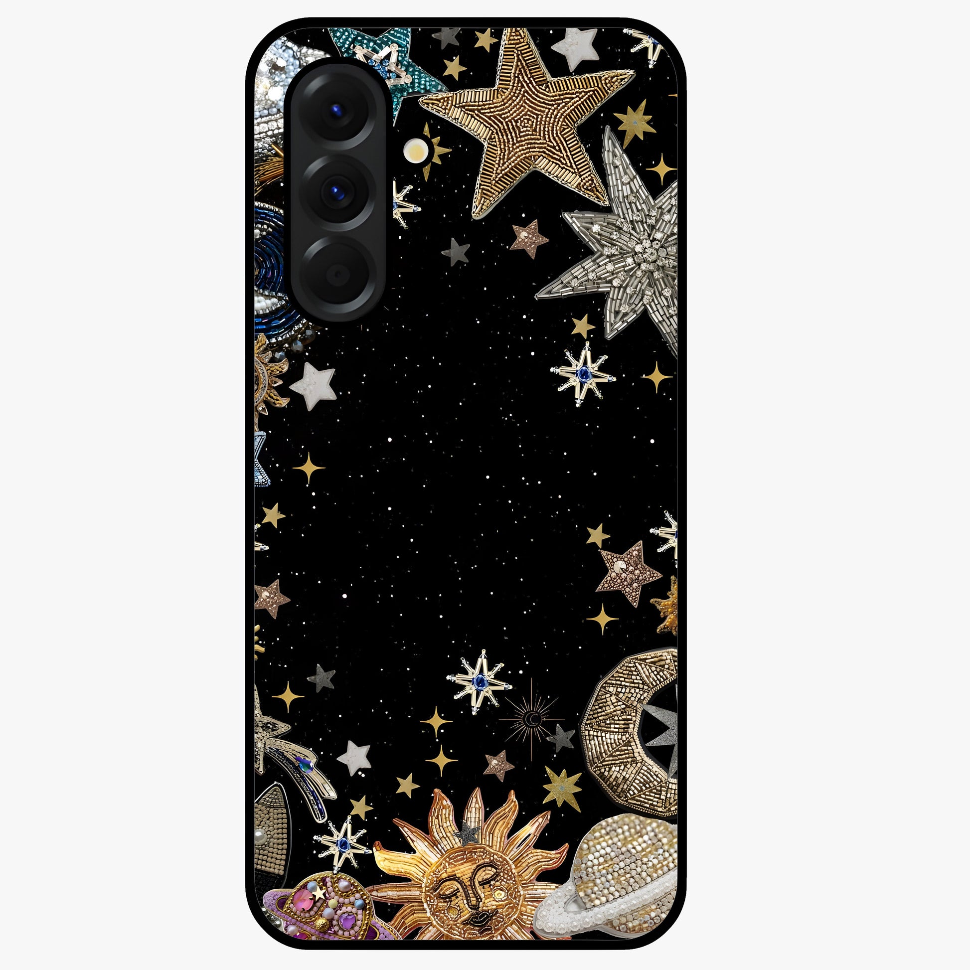 Galactic Jewel Stars Glass Case showing flat back view with sparkling star jewel artwork and glossy glass finish.