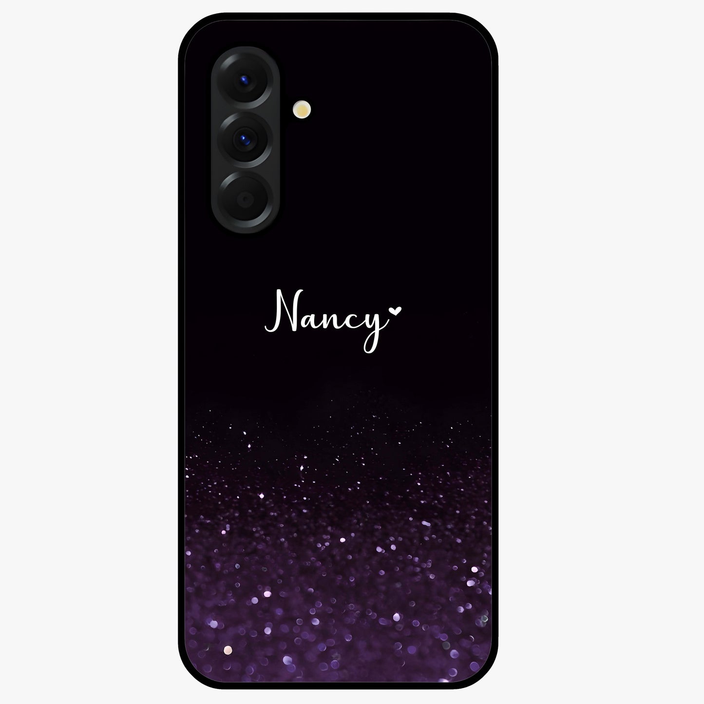 Glittery Purple Bokeh Custom Name Glass Case showing flat back view with purple bokeh sparkle artwork and personalized name design.