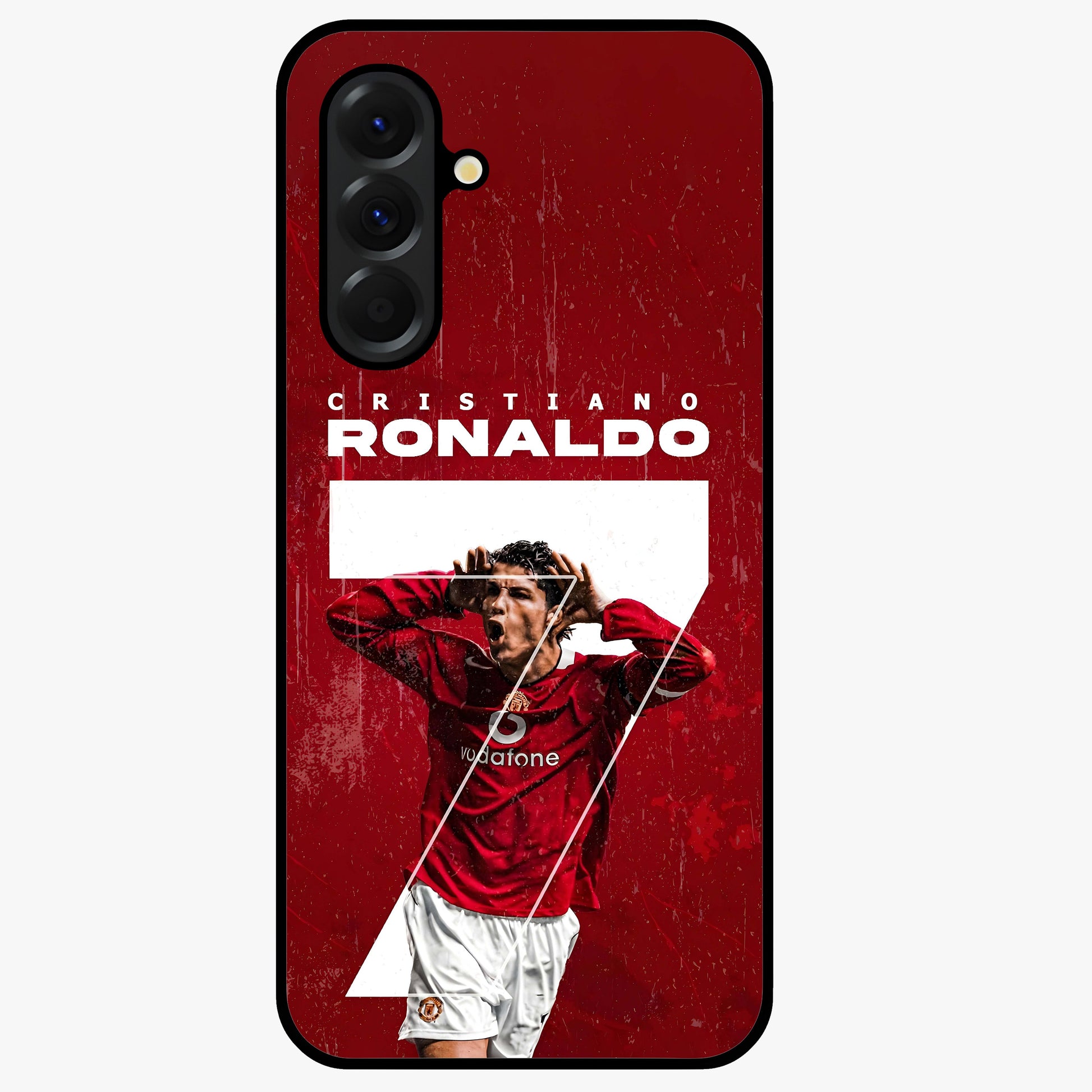 Goal Celebration Legacy Glass Case showing flat back view with football celebration inspired artwork and glossy glass finish.