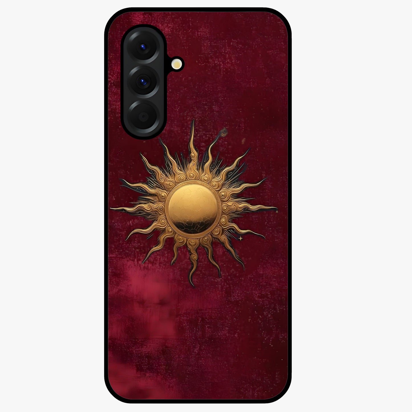 Gold Sun Blush Glass Case showing flat back view with golden sun inspired artwork and glossy glass finish.