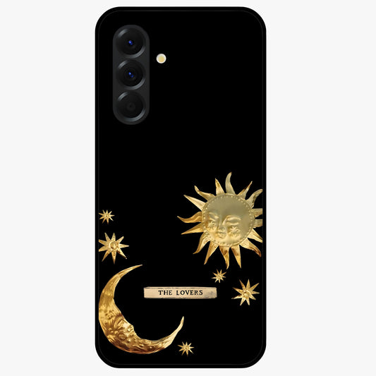 Golden Celestial Charm Glass Case showing flat back view with golden celestial charm artwork and glossy glass finish.