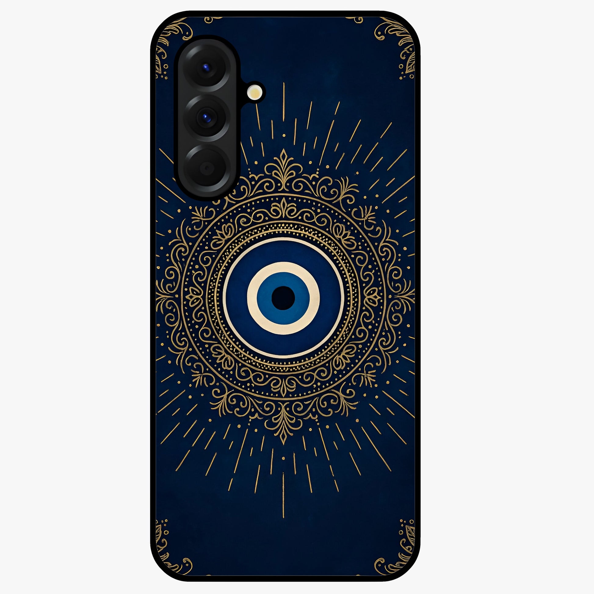 Golden Evil Eye Mandala Glass Case showing flat back view with intricate evil eye mandala artwork and glossy glass finish.