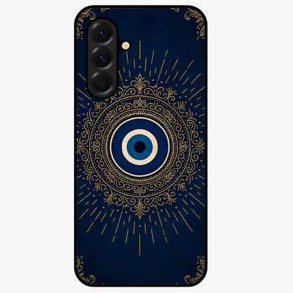 Golden Evil Eye Mandala Glass Case showing flat back view with intricate evil eye mandala artwork and glossy glass finish.
