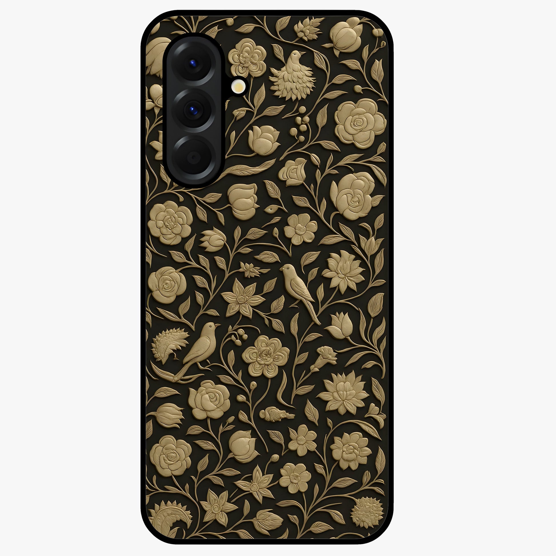 Golden Floral Majesty Glass Case showing flat back view with luxurious golden floral artwork and glossy glass finish.