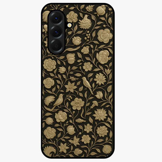Golden Floral Majesty Glass Case showing flat back view with luxurious golden floral artwork and glossy glass finish.