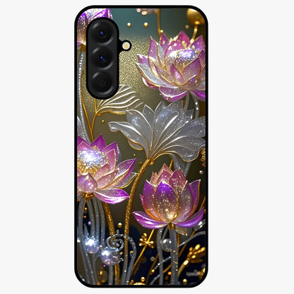 Golden Lotus Glow Glass Case showing flat back view with glowing lotus flower artwork and glossy glass finish.