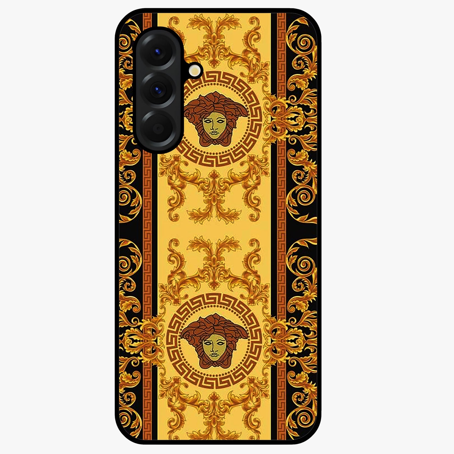 Golden Royal Heritage Glass Case showing flat back view with ornate royal pattern artwork and glossy glass finish.