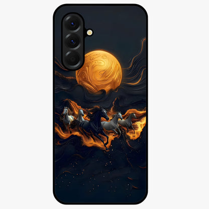 Golden Stallion Moonride Glass Case showing flat back view with majestic horse under moonlight artwork and glossy glass finish.