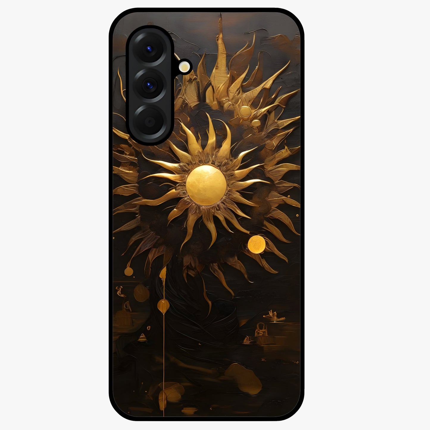 Golden Sun Majesty Glass Case showing flat back view with radiant golden sun artwork and glossy glass finish.
