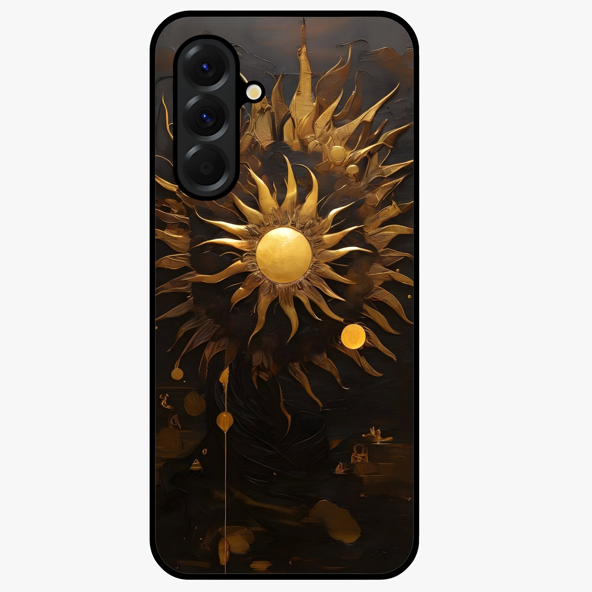 Golden Sun Majesty Glass Case showing flat back view with radiant golden sun artwork and glossy glass finish.