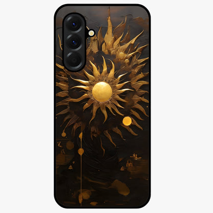 Golden Sun Majesty Glass Case showing flat back view with radiant golden sun artwork and glossy glass finish.