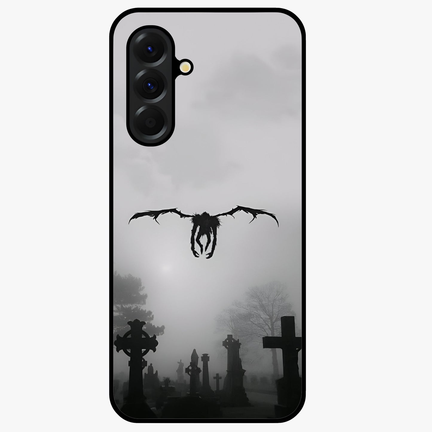 Graveyard Shadow Descent Glass Case showing flat back view with dark graveyard themed artwork and glossy glass finish.