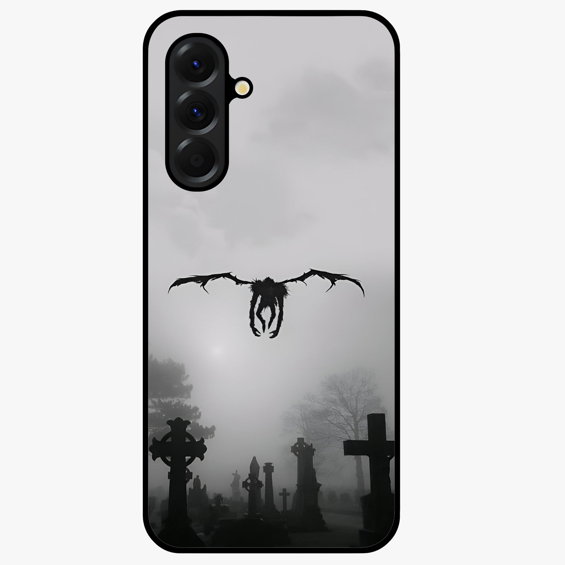 Graveyard Shadow Descent Glass Case showing flat back view with dark graveyard themed artwork and glossy glass finish.