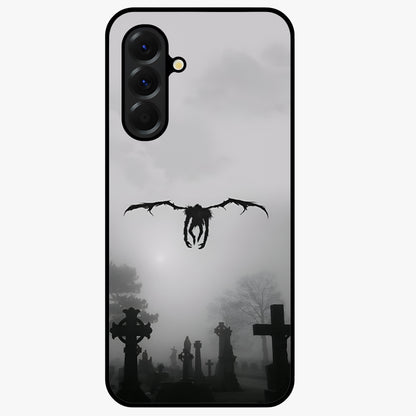 Graveyard Shadow Descent Glass Case showing flat back view with dark graveyard themed artwork and glossy glass finish.