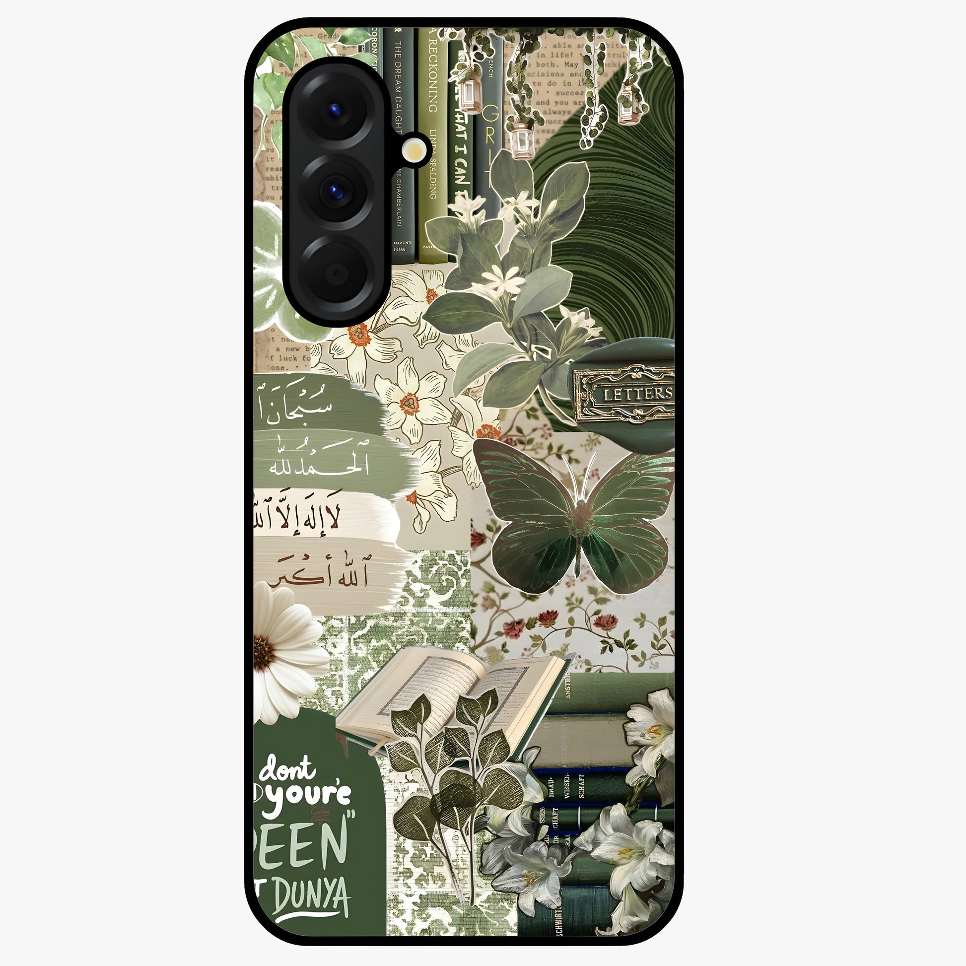 Green Islamic Books Quotes Glass Case showing flat back view with Islamic quotes and book themed artwork and glossy glass finish.