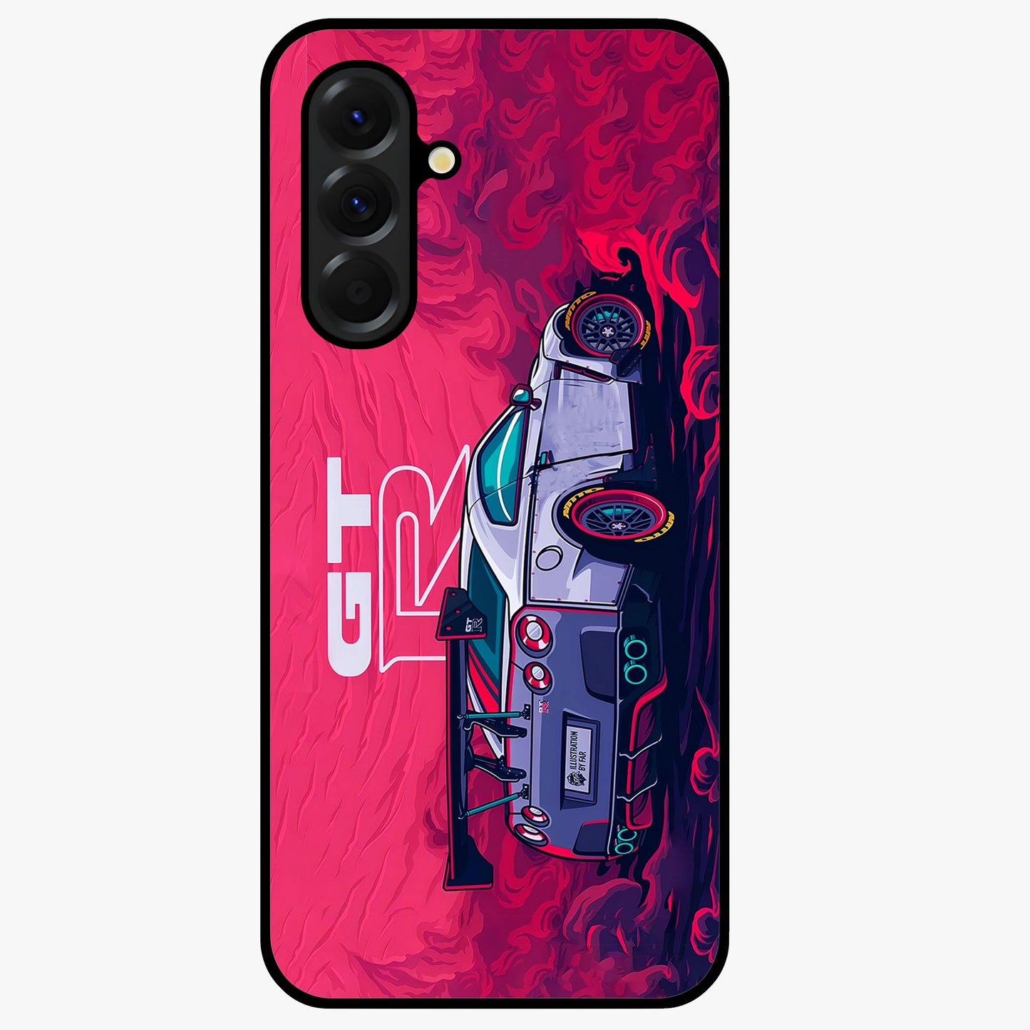 GT-R Car Pattern Glass Case showing flat back view with sporty car inspired pattern artwork and glossy glass finish.