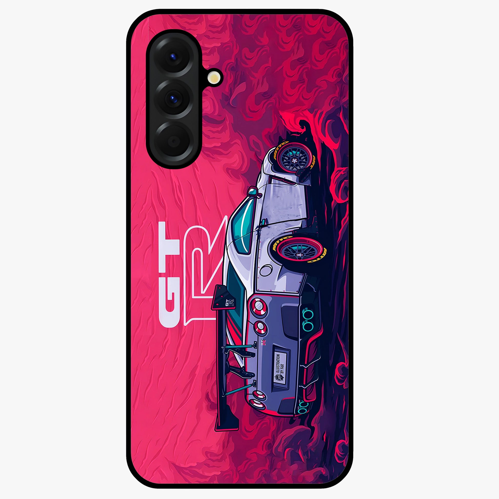 GT-R Car Pattern Glass Case showing flat back view with sporty car inspired pattern artwork and glossy glass finish.