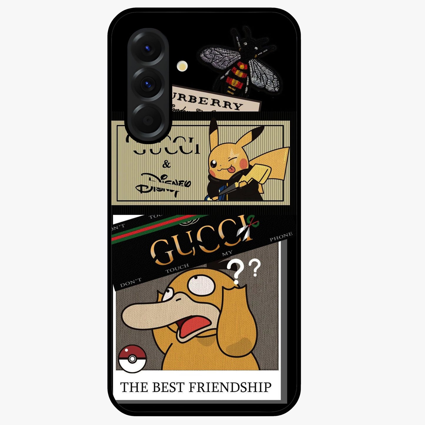 Gucci Play Mashup Glass Case showing flat back view with luxury inspired graphic artwork and glossy glass finish.
