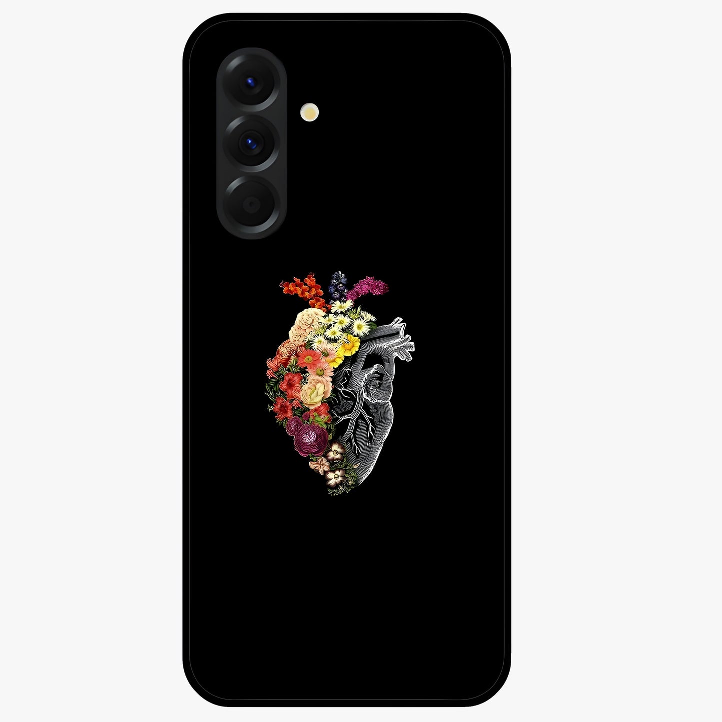Heart With Flowers Glass Case showing flat back view with heart shaped floral artwork and glossy glass finish.