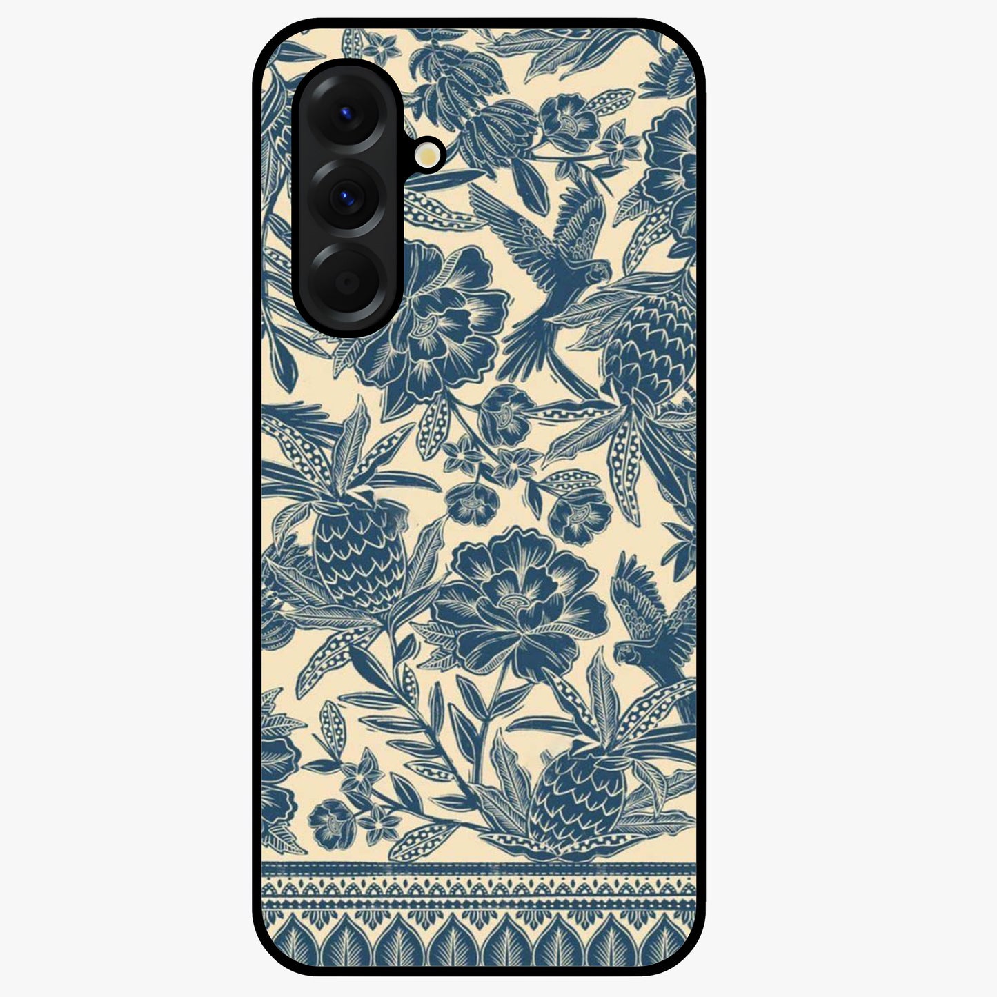 Heirloom Wild Bloom Glass Case showing flat back view with vintage inspired wild flower artwork and glossy glass finish.