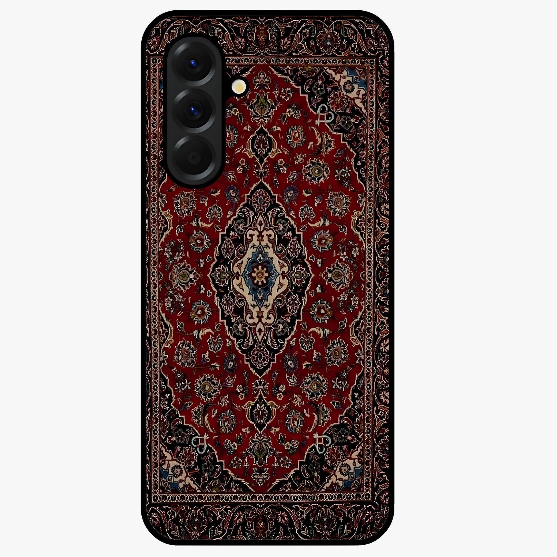 Heritage Carpet Royale Glass Case showing flat back view with ornate Persian carpet inspired pattern and glossy glass finish.