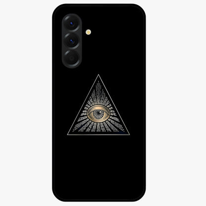 Illuminati Evil Glass Case showing flat back view with mysterious illuminati symbol artwork and glossy glass finish.