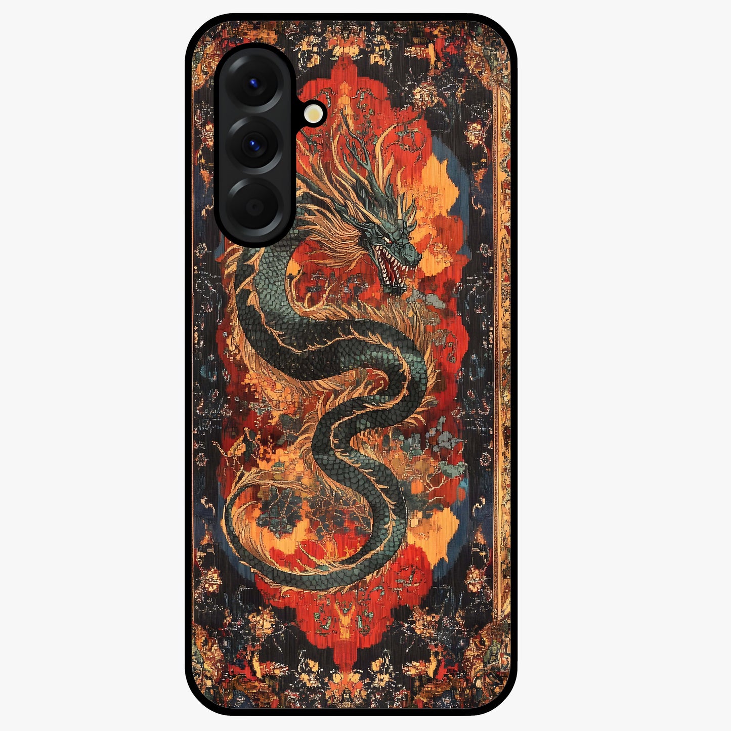 Inferno Dragon Soul Glass Case showing flat back view with fiery dragon artwork and glossy glass finish.