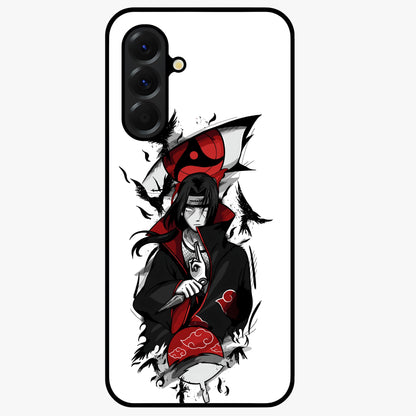 Itachi Sharingan Glass Case showing flat back view with powerful anime eye artwork and glossy glass finish.
