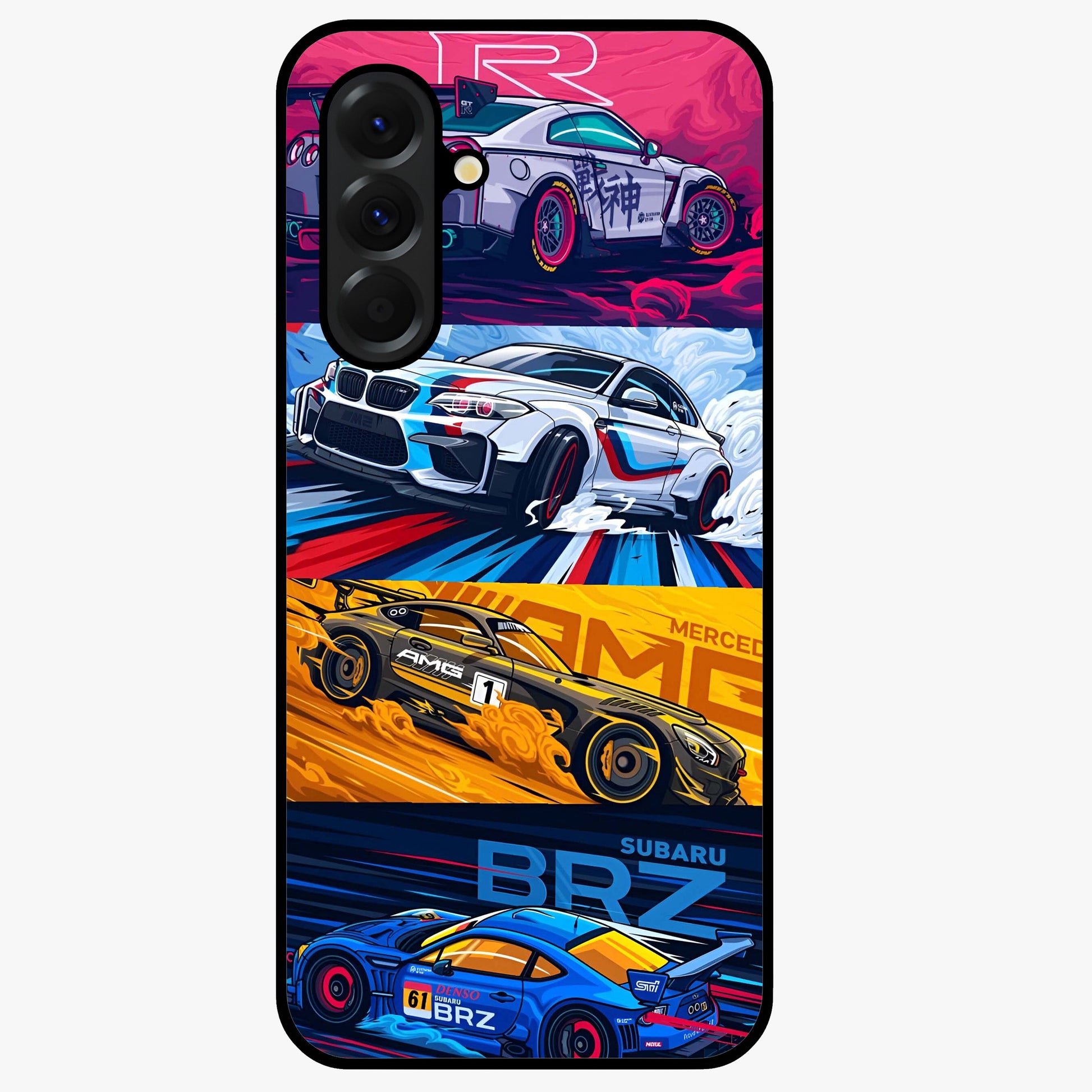JDM Sports Car Glass Case showing flat back view with high performance sports car artwork and glossy glass finish.